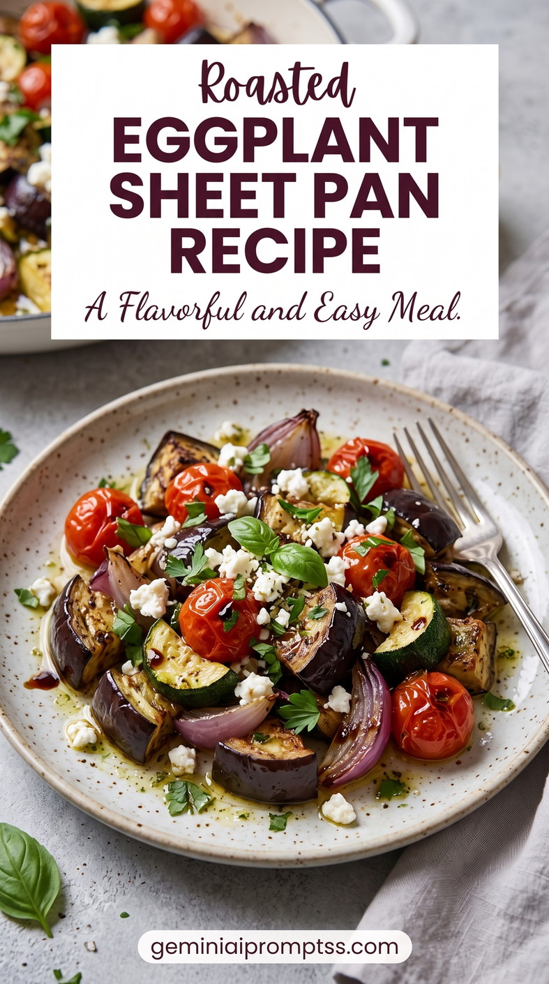 Roasted Eggplant Sheet Pan with Feta and Zucchini showing sheet-pan eggplant with zucchini, red onion, cherry tomatoes, feta, and basil