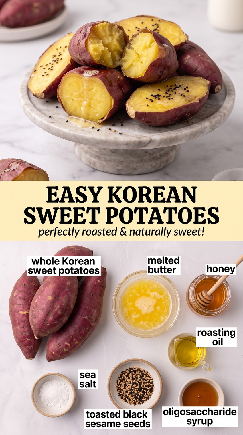 Korean sweet potato recipe finished dish made with whole Korean sweet potatoes, melted butter, and honey