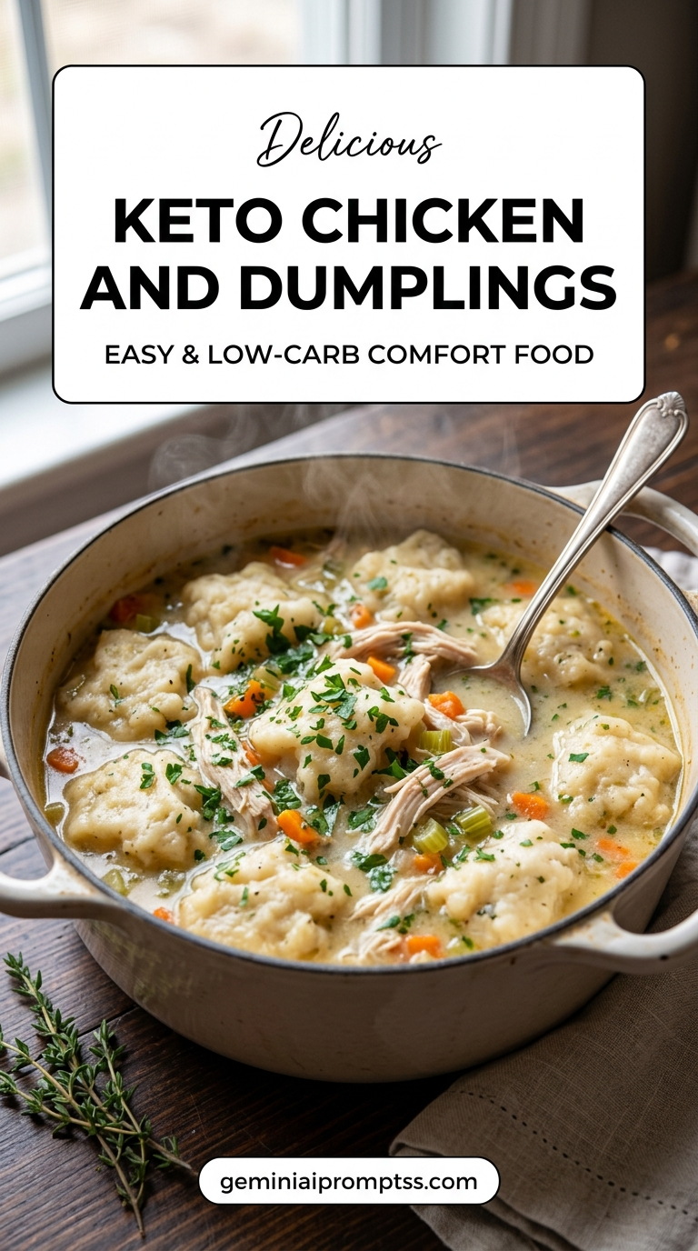 Keto Chicken and Dumplings showing a low-carb creamy chicken stew with small pale dumplings, carrots, celery, shredded chicken, and green herbs