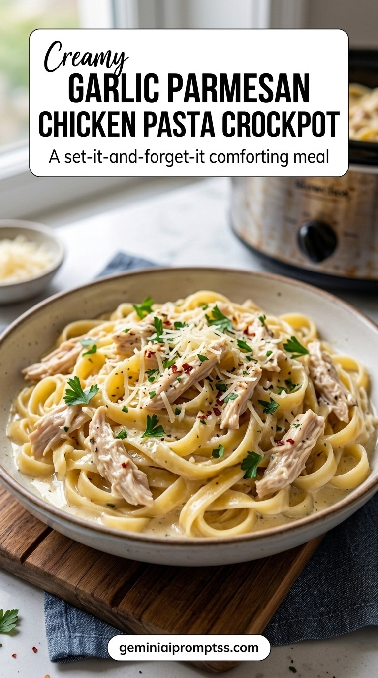Creamy Garlic Parmesan Chicken Pasta Crockpot finished recipe with garlic for a warm savory flavor