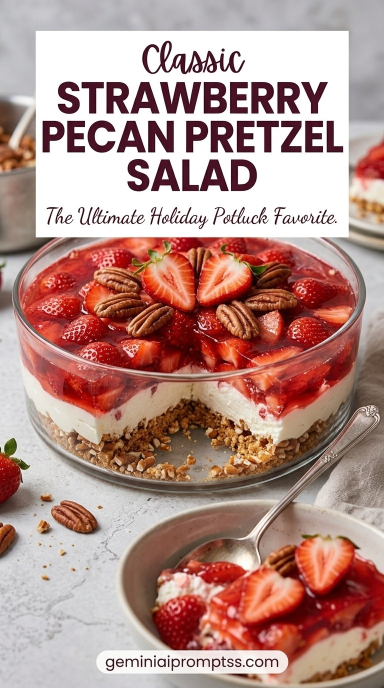 Strawberry Pecan Pretzel Salad showing a crisp pretzel crust, thick creamy center, glossy strawberries layer, and toasted pecans