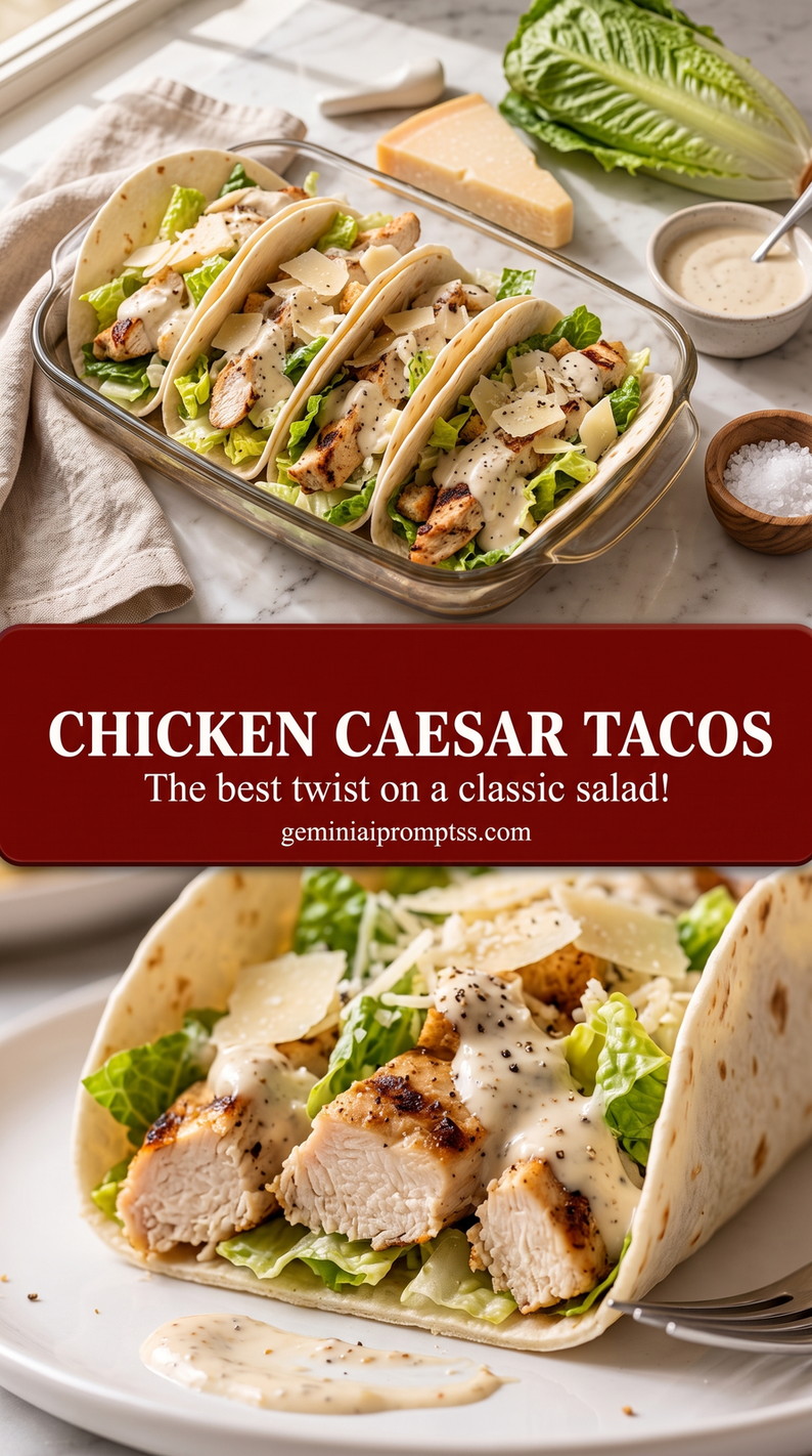 Chicken Caesar Tacos with seasoned chicken with crisp romaine, Parmesan, creamy Caesar dressing, and crunchy bread pieces