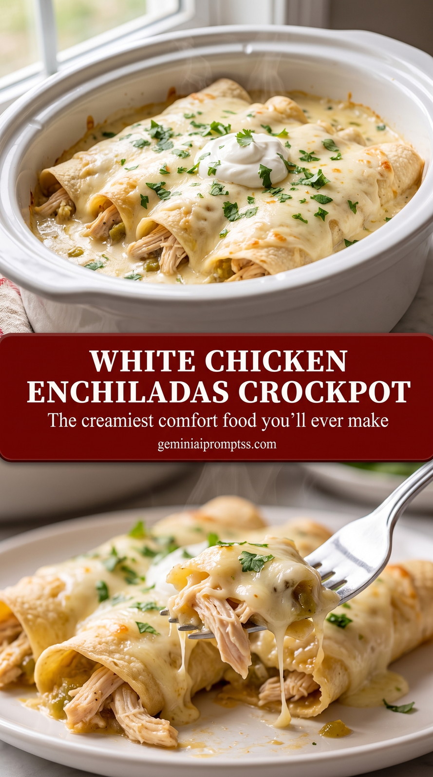 White chicken enchiladas crockpot showing baked chicken enchiladas covered with bubbling sauce and melted cheese