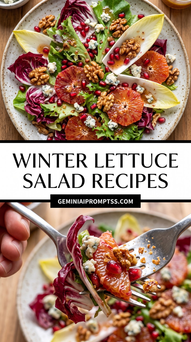 Winter Lettuce Salad Recipes showing green lettuce mixed with red radicchio and endive, citrus segments, pomegranate, walnuts and white cheese