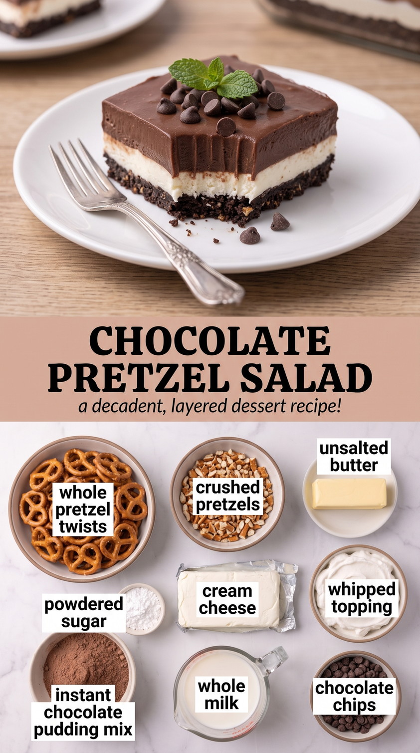 Chocolate Pretzel Salad with chocolate pretzel salad with a salty crust, cream-cheese layer, chocolate pudding, whipped topping, and chocolate chips