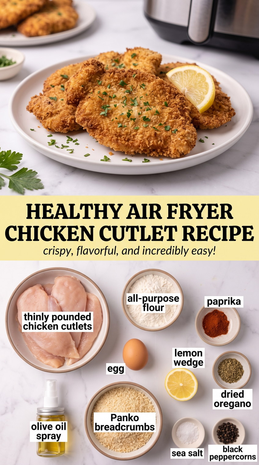 Healthy Air Fryer Chicken Cutlets with Whole-Wheat Crumbs prepared as a finished healthy air fryer chicken cutlet recipe recipe with browned cutlets ready to serve
