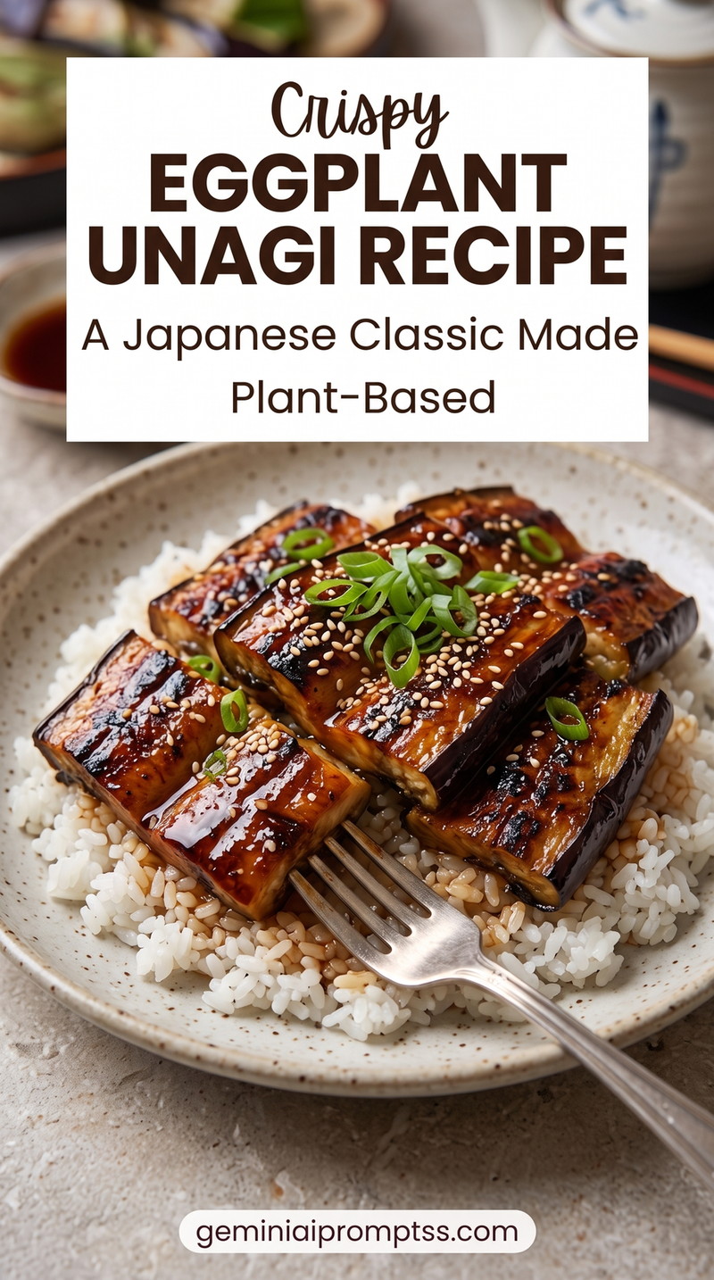 Eggplant Unagi over Rice showing glazed eggplant unagi-style slices over white rice with sesame and scallions