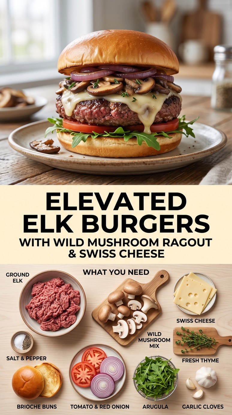 Elk Hamburger Meat Recipes with elk burgers with mushroom ragout, Swiss cheese, arugula, tomato, red onion, garlic, and thyme