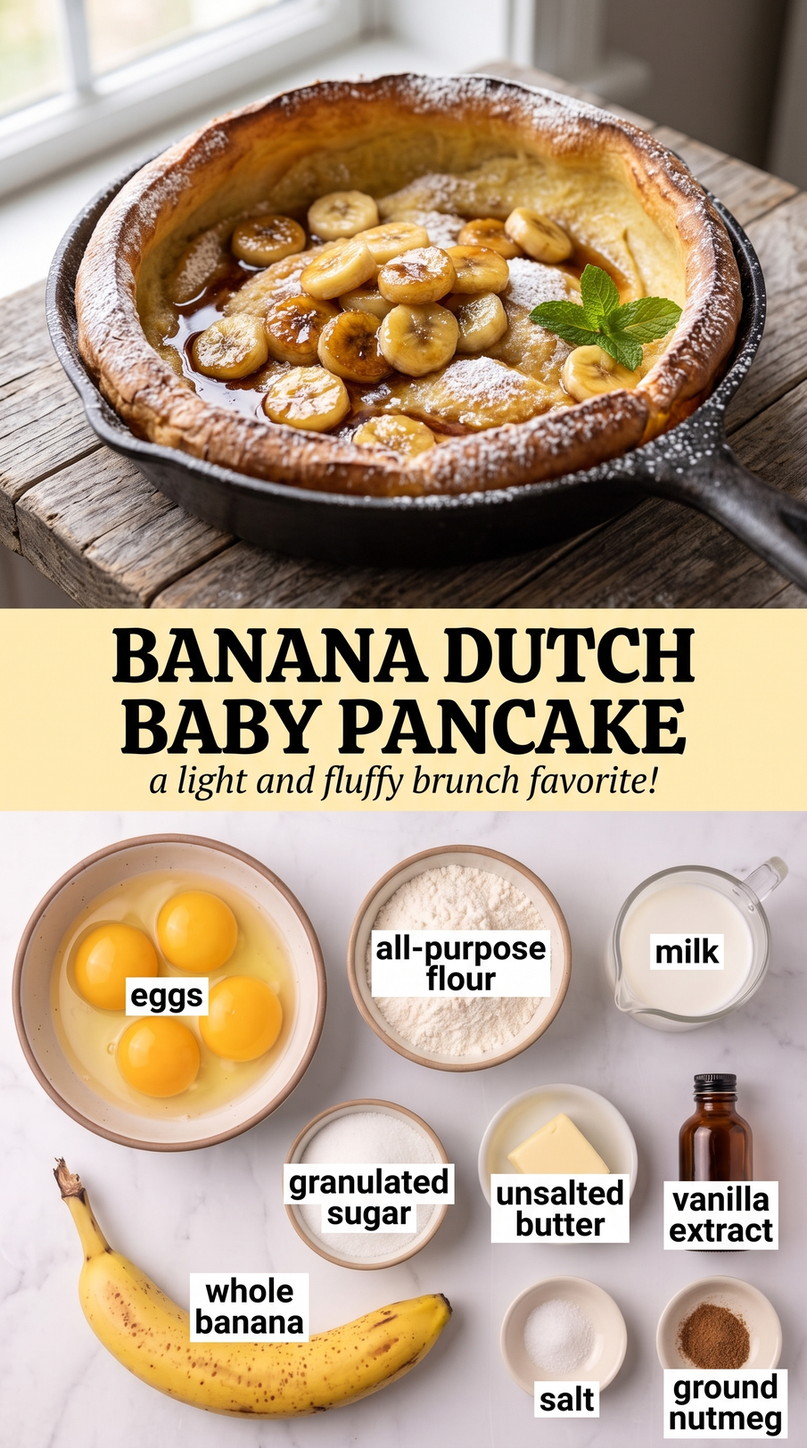 Banana Dutch Baby Pancake showing a puffed banana Dutch baby topped with caramelized banana slices