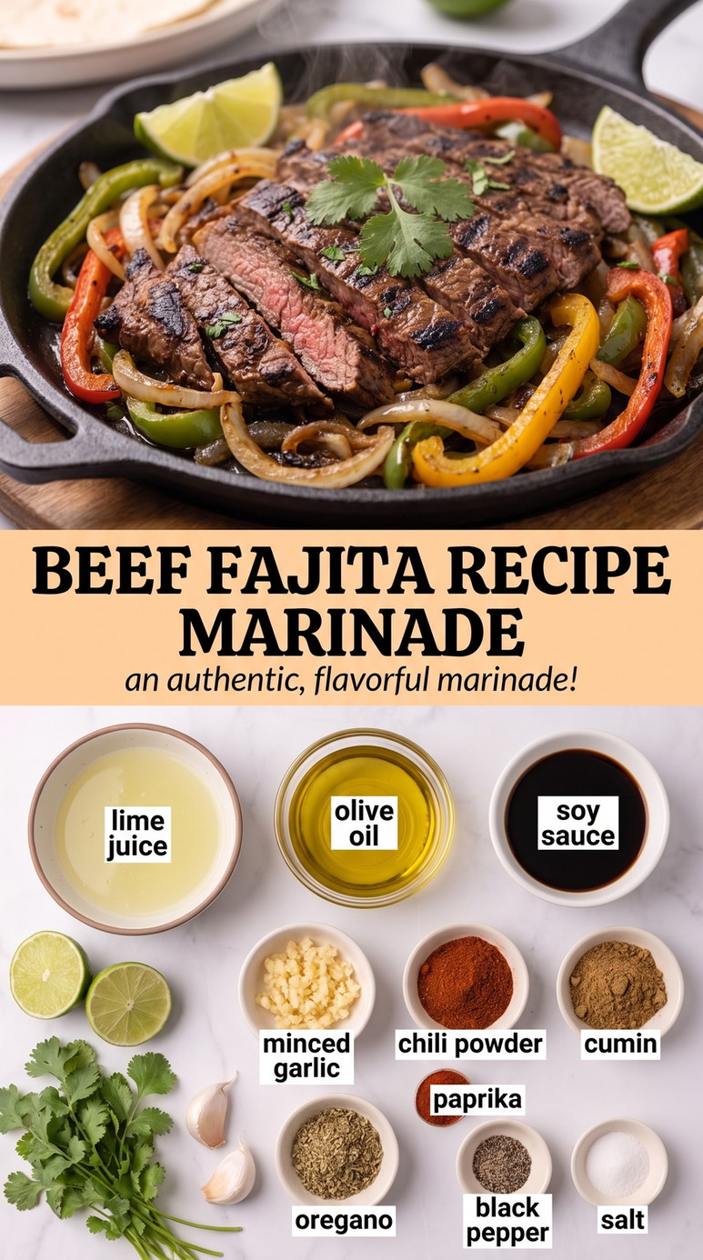 Lime Garlic Beef Fajita Marinade - sizzling fajita-style protein with colorful peppers and onions