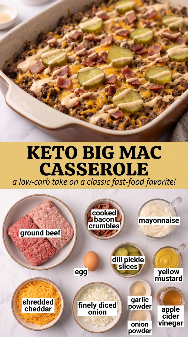 Keto Big Mac Casserole showing low-carb Big Mac-style beef casserole with cheddar, bacon, pickle slices, and creamy mustard sauce