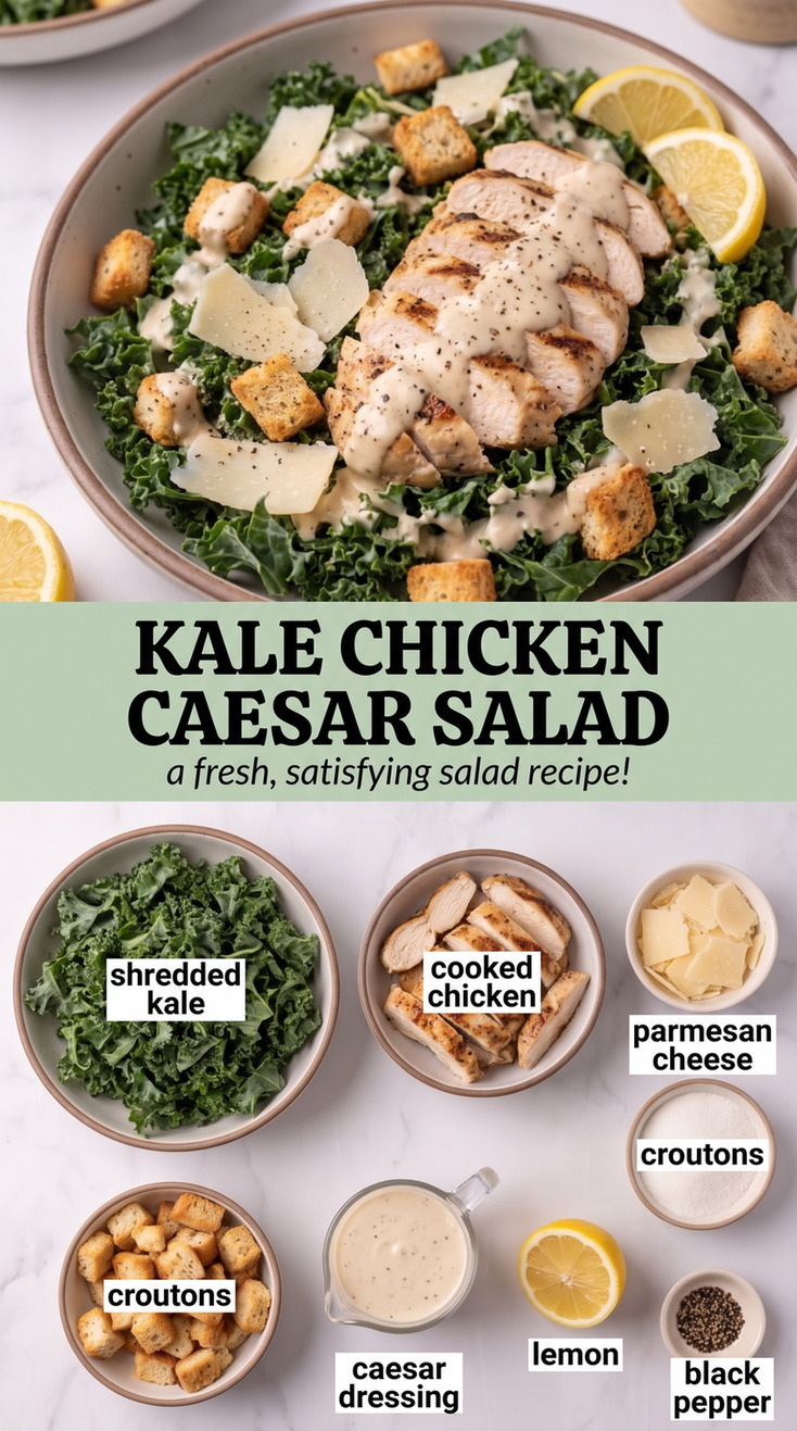 Kale chicken caesar salad showing a kale Caesar salad topped with sliced grilled chicken, Parmesan, and croutons