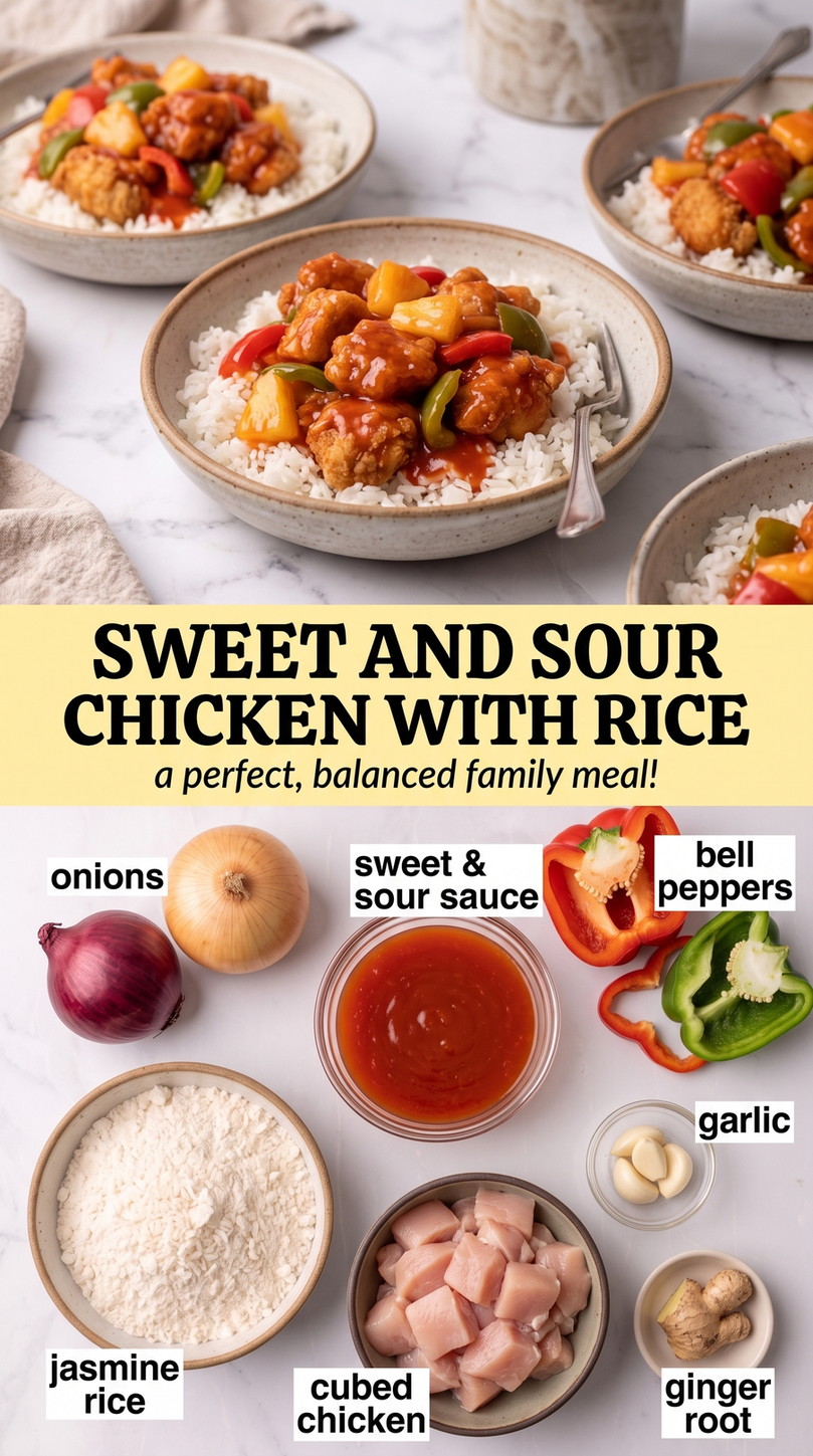 Sweet and sour chicken with rice finished dish made with onions, prepared sweet and sour sauce, and bell peppers