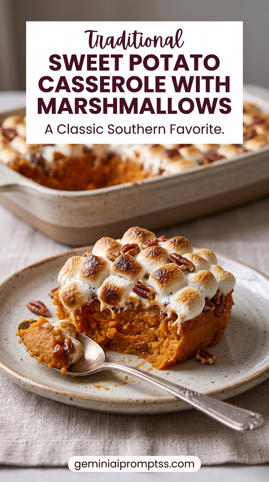 Sweet potato casserole with marshmallows recipe showing a classic Southern casserole with a smooth base, toasted marshmallows, and pecans