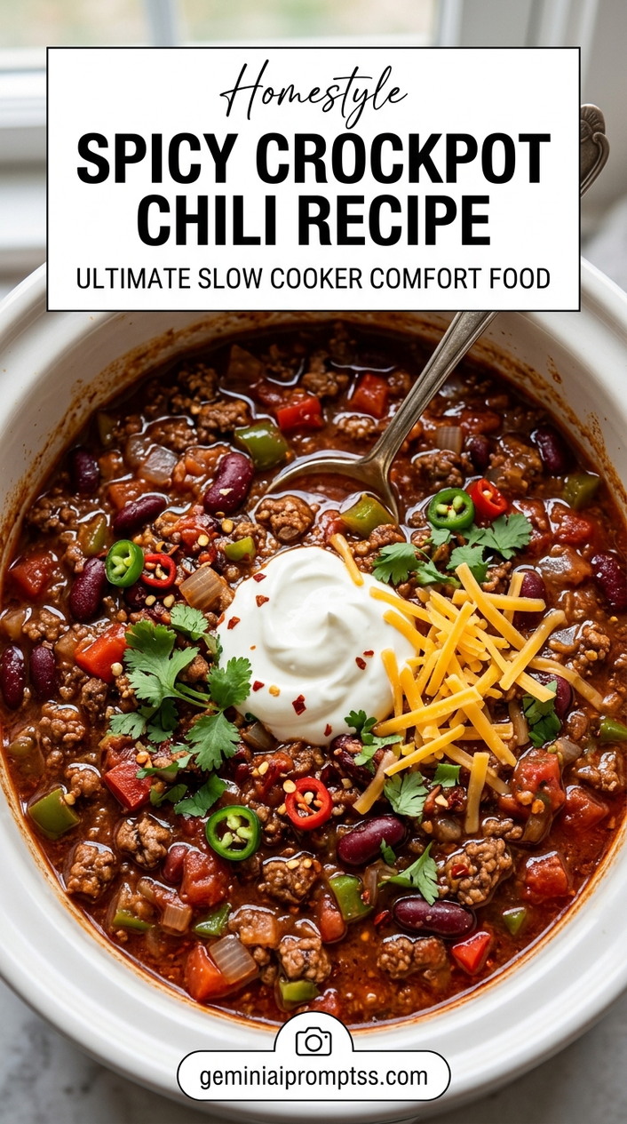 Spicy Crockpot Chili Recipe showing spicy crockpot chili with beef, beans, red and green peppers, fresh jalapeños, cheddar, sour cream, and cilantro