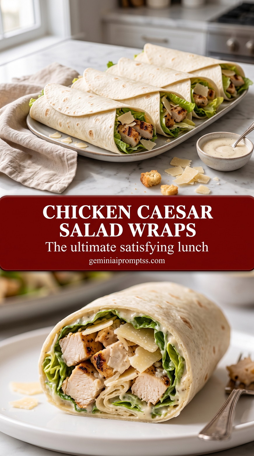 Chicken Caesar Salad Wrap with seasoned chicken with crisp romaine, Parmesan, creamy Caesar dressing, and crunchy bread pieces