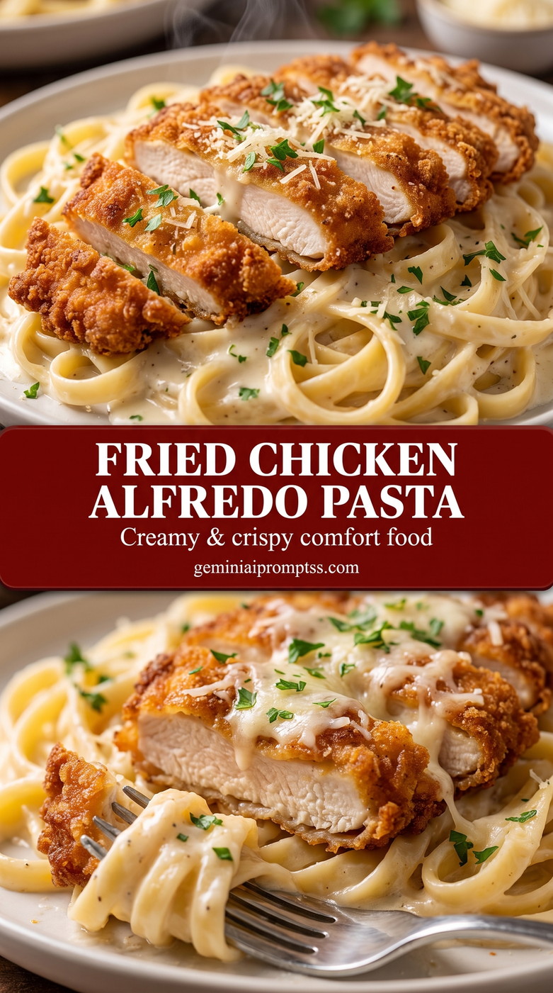 Fried chicken alfredo pasta showing creamy chicken Alfredo pasta with a glossy Parmesan sauce