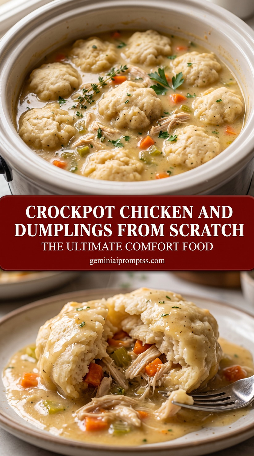 crockpot chicken and dumplings from scratch with homemade crockpot chicken and dumplings with chicken, carrots, celery, herbs, creamy broth, and scratch-made dumplings