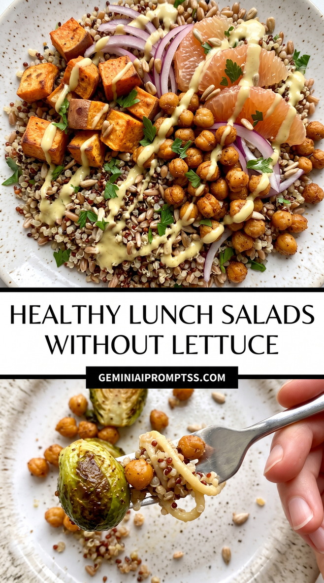 Healthy Lunch Salads Without Lettuce showing lettuce-free grain bowl with quinoa, roasted sweet potato, chickpeas, red onion and herbs