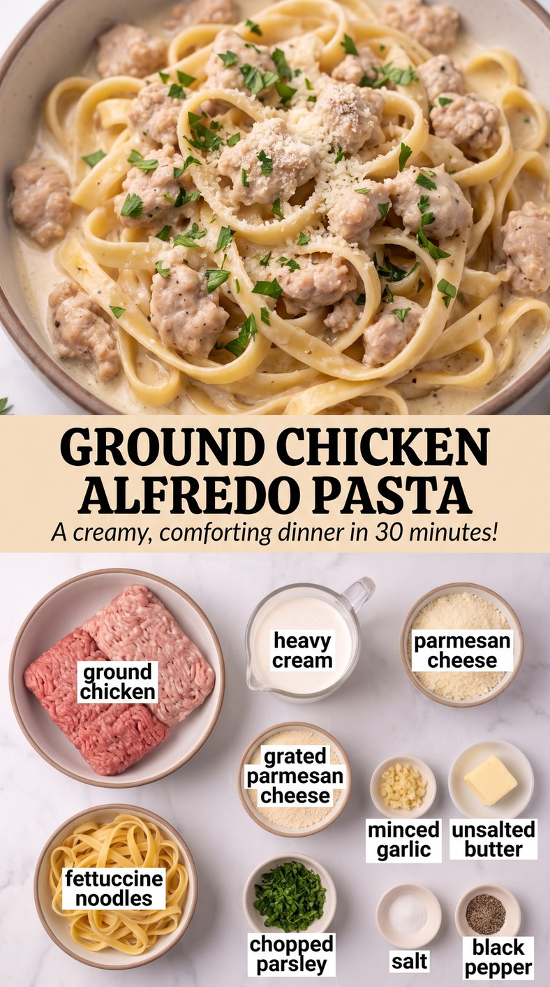Ground chicken alfredo pasta showing creamy pasta coated in Parmesan sauce with tender chicken