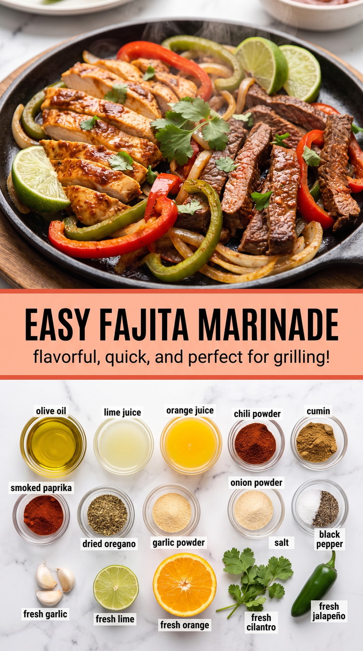 Easy Lime Fajita Marinade - sizzling fajita-style protein with colorful peppers and onions