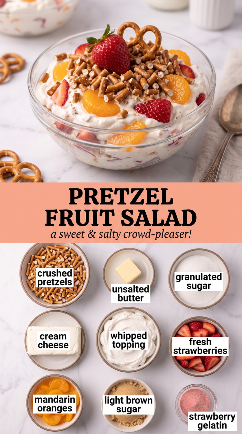 Pretzel Fruit Salad with creamy pretzel fruit salad with strawberries, mandarin oranges, whipped cream cheese, and sweet-salty pretzel crunch