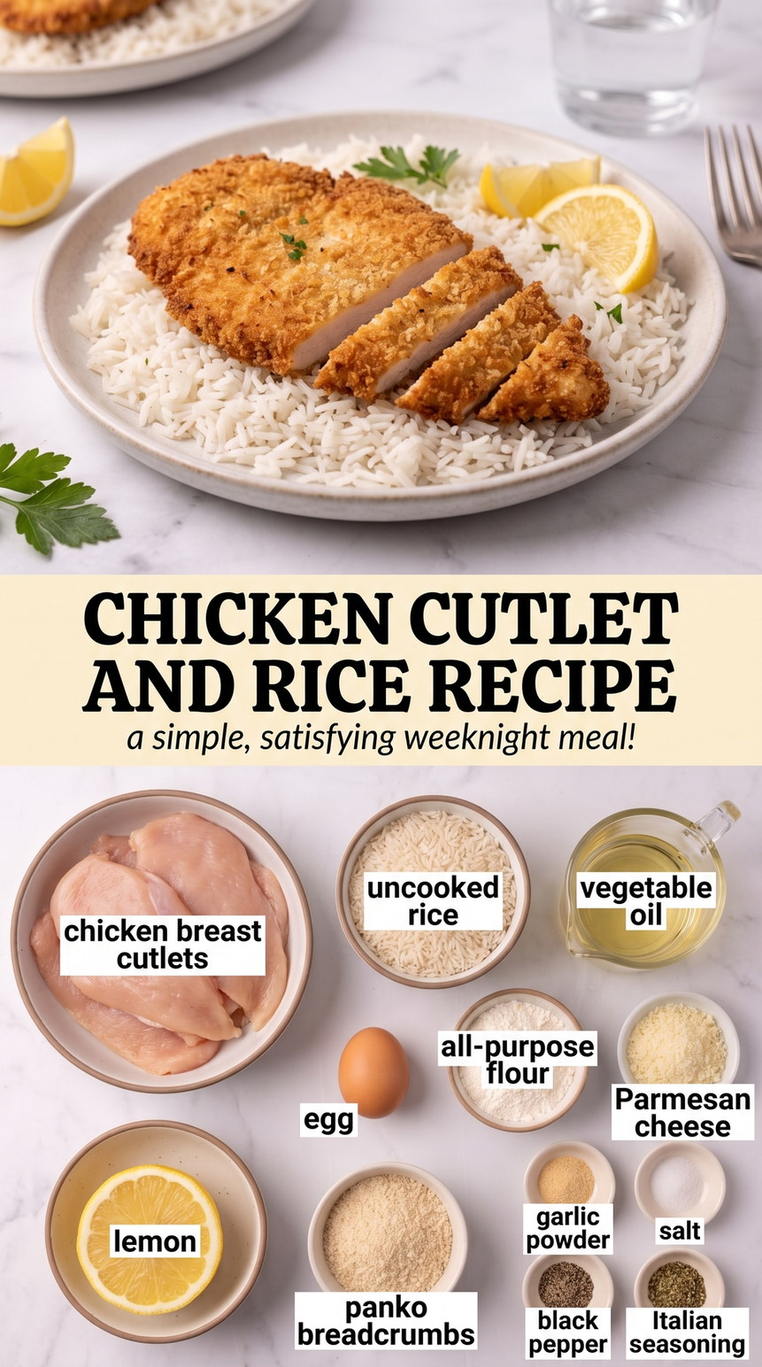 Chicken Cutlets with Lemon Rice Pilaf prepared as a finished chicken cutlet and rice recipe recipe with browned cutlets ready to serve