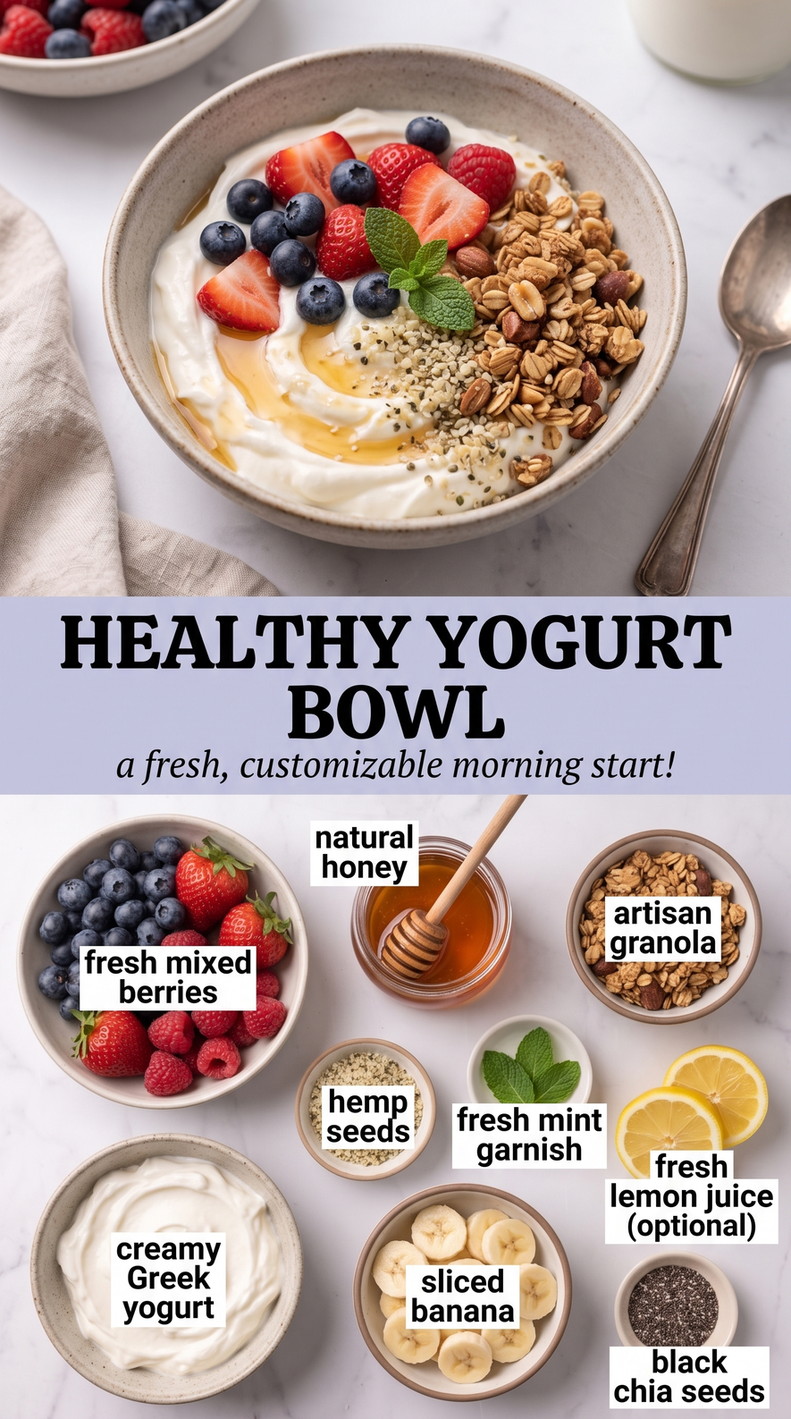 Healthy Yogurt Bowl showing Greek yogurt with mixed berries, banana, granola, hemp, chia, honey, and mint