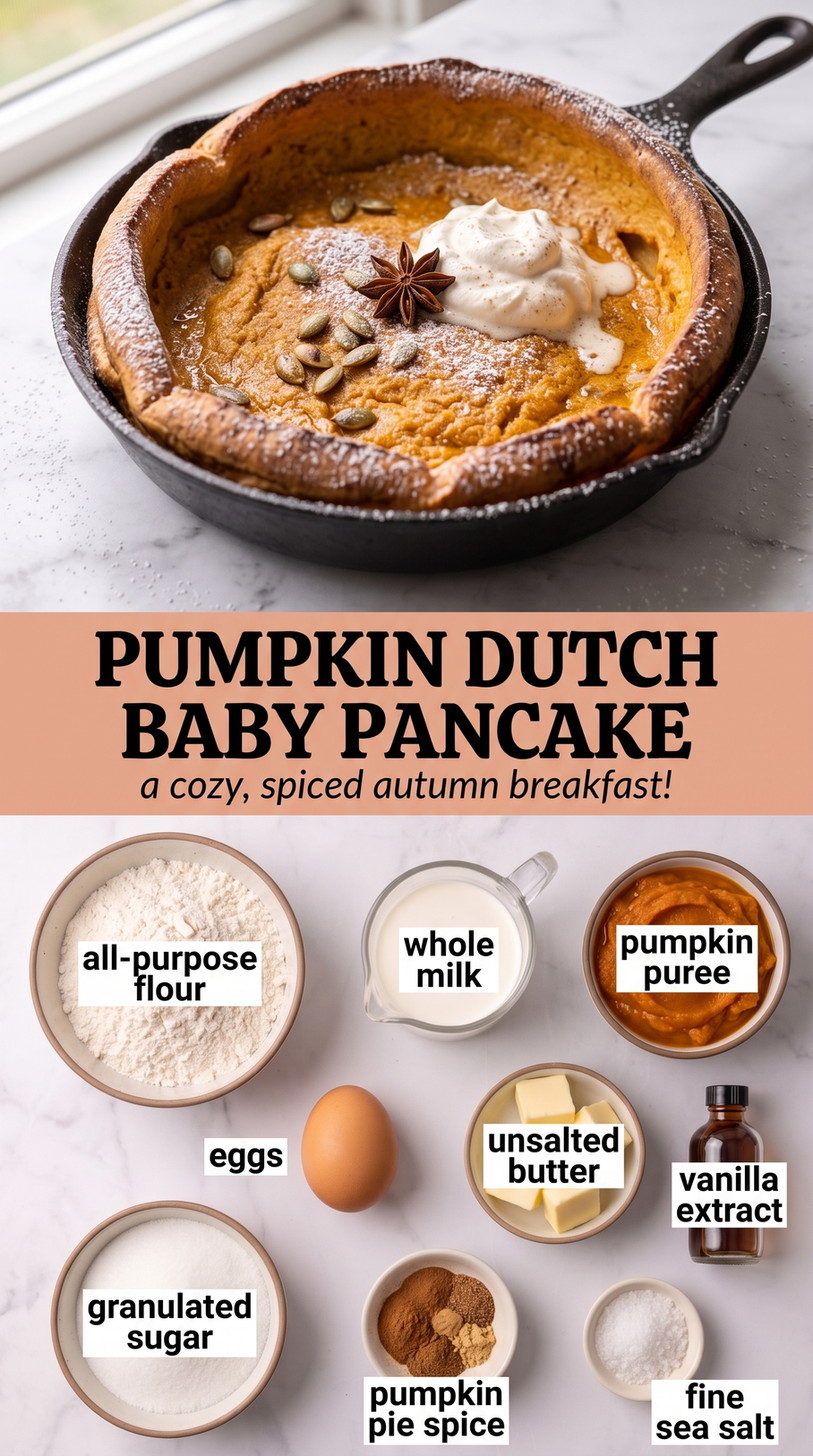 Pumpkin Dutch Baby Pancake showing a spiced pumpkin Dutch baby with whipped cream and pumpkin seeds