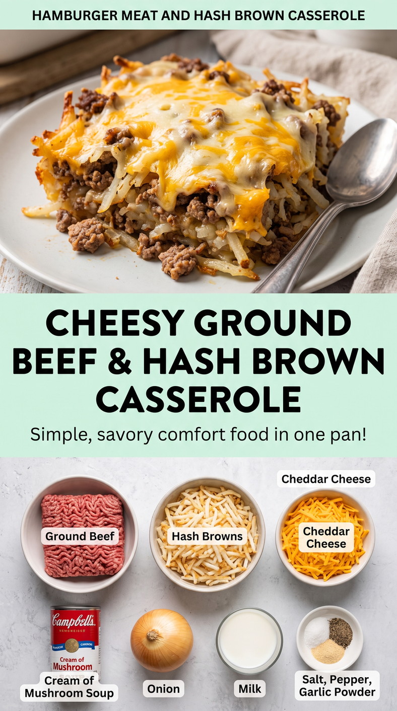 Hamburger Meat and Hash Brown Recipes with cheesy ground beef and hash brown casserole with mushroom soup, onion, milk, and cheddar