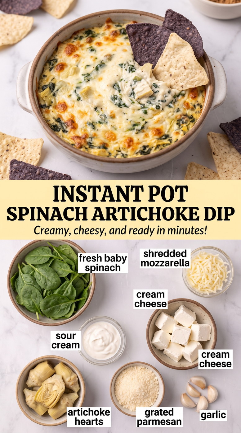 Instant Pot spinach artichoke dip finished dish made with fresh baby spinach, shredded mozzarella, and cream cheese