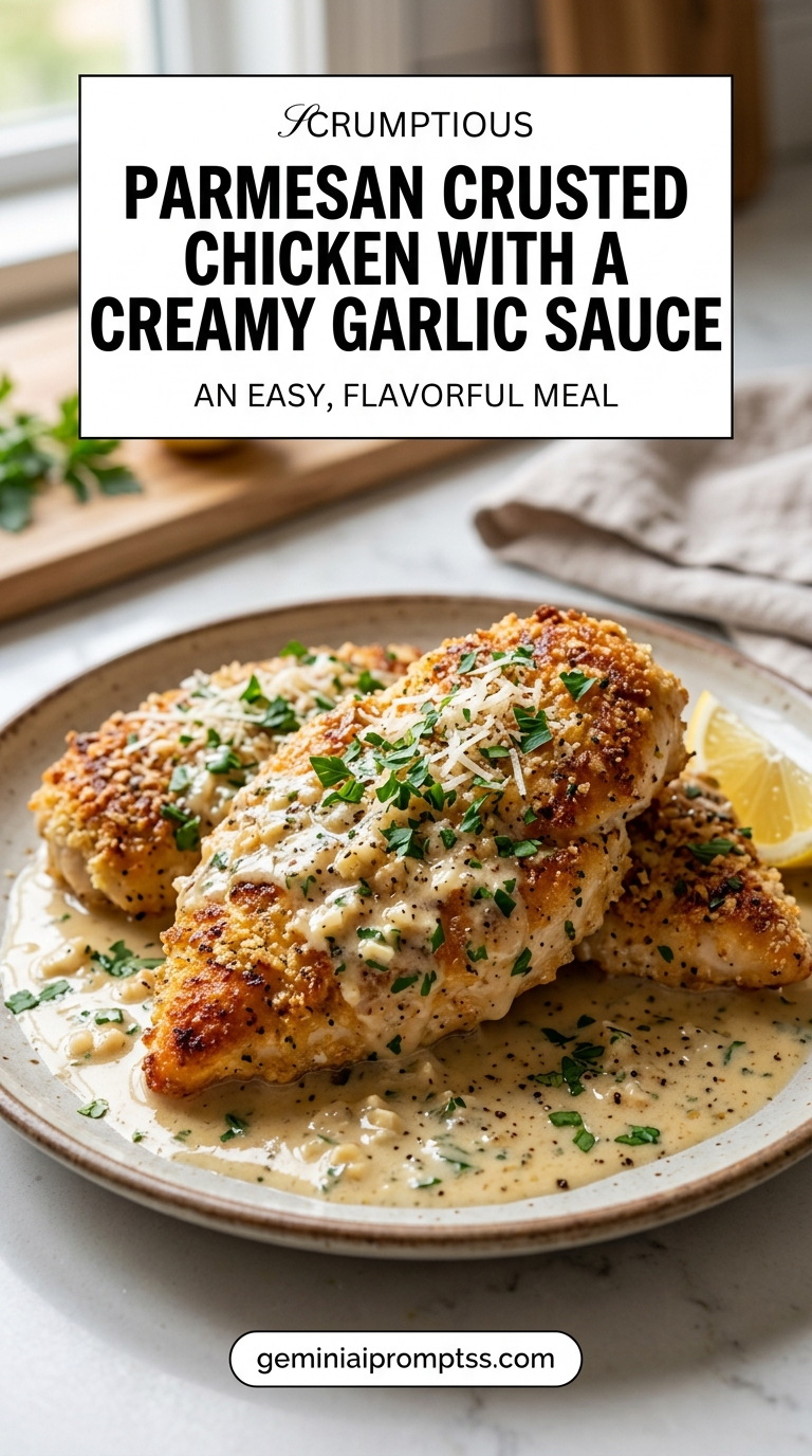Parmesan Crusted Chicken with a Creamy Garlic Sauce finished dish with creamy garlic sauce
