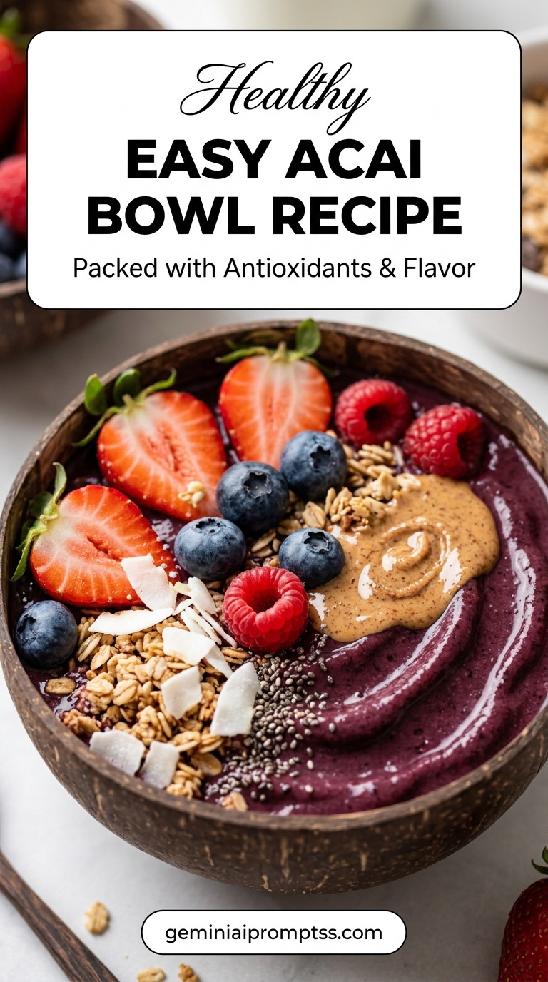 Healthy Acai Bowl Recipe showing a healthy acai bowl with strawberries, blueberries, raspberries, granola, chia, coconut, and a generous spoonful of peanut butter