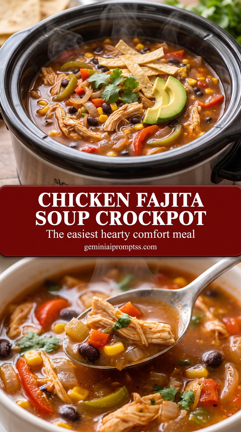 slow-cooker chicken fajita soup with peppers and corn with shredded chicken, peppers, corn, beans, fajita spices, and avocado