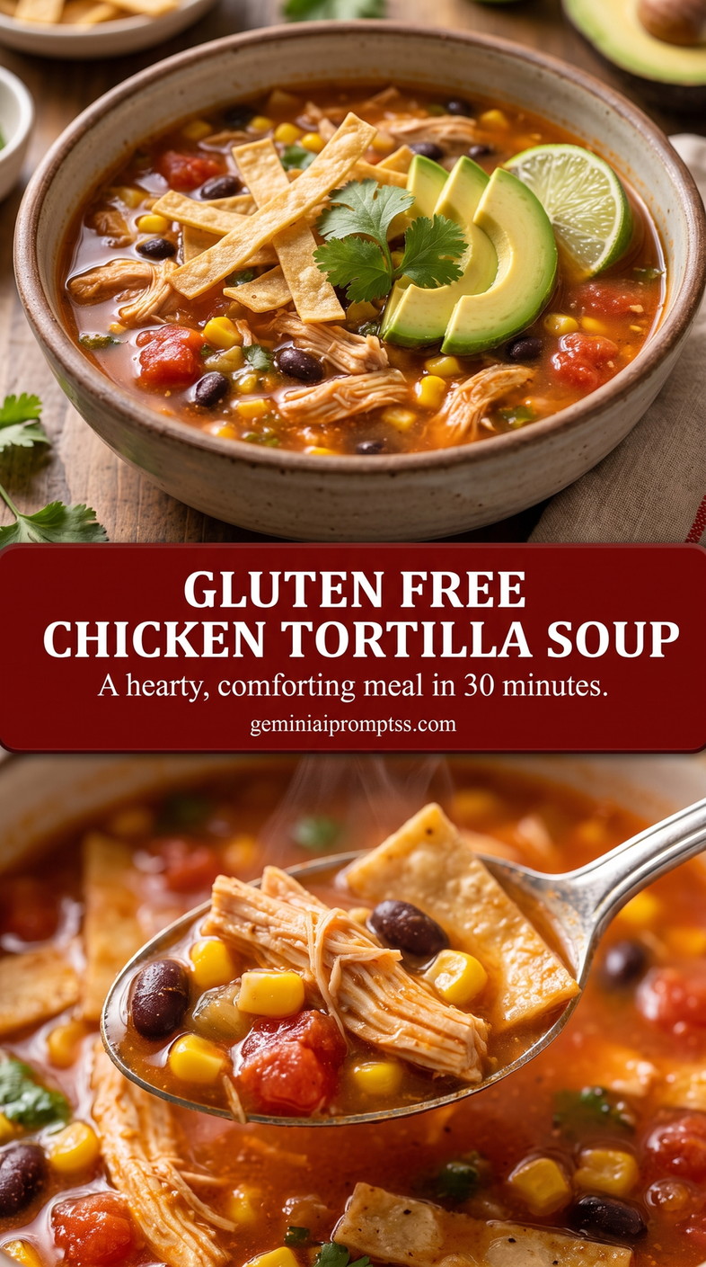 Gluten free chicken tortilla soup showing a hearty chicken tortilla soup with colorful toppings and crisp strips