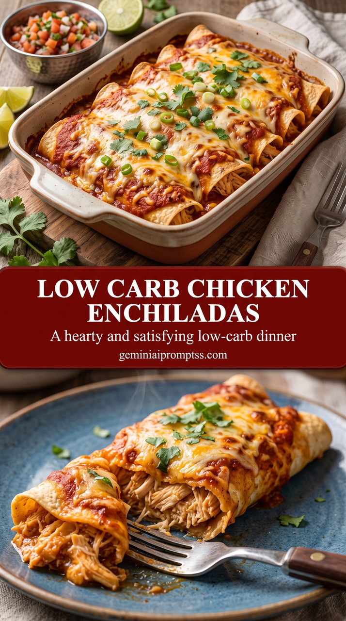 Low Carb Chicken Enchiladas with rolled chicken enchiladas with red sauce, melted cheese, and a fresh green finish