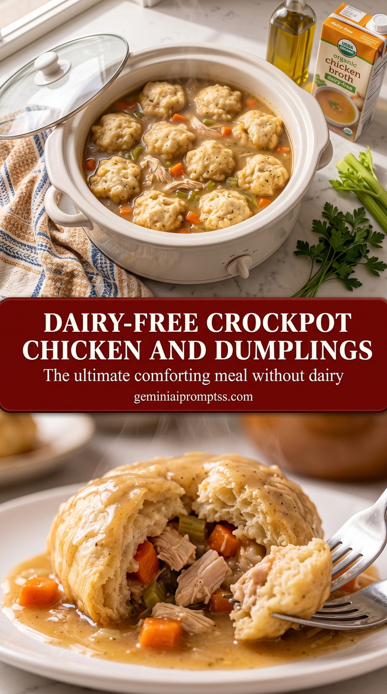 dairy-free crockpot chicken and dumplings with a dairy-free chicken and dumplings dish with chicken, carrots, celery, herbs, light broth, and golden dairy-free dumplings