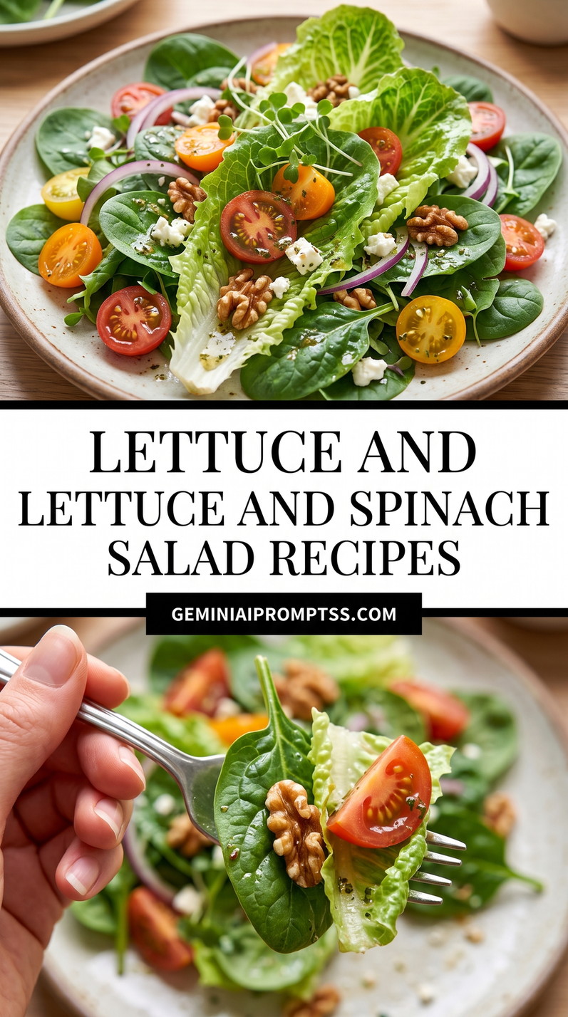 Lettuce And Spinach Salad Recipes showing lettuce and darker spinach leaves with tomatoes, cucumber, walnuts and crumbled white cheese