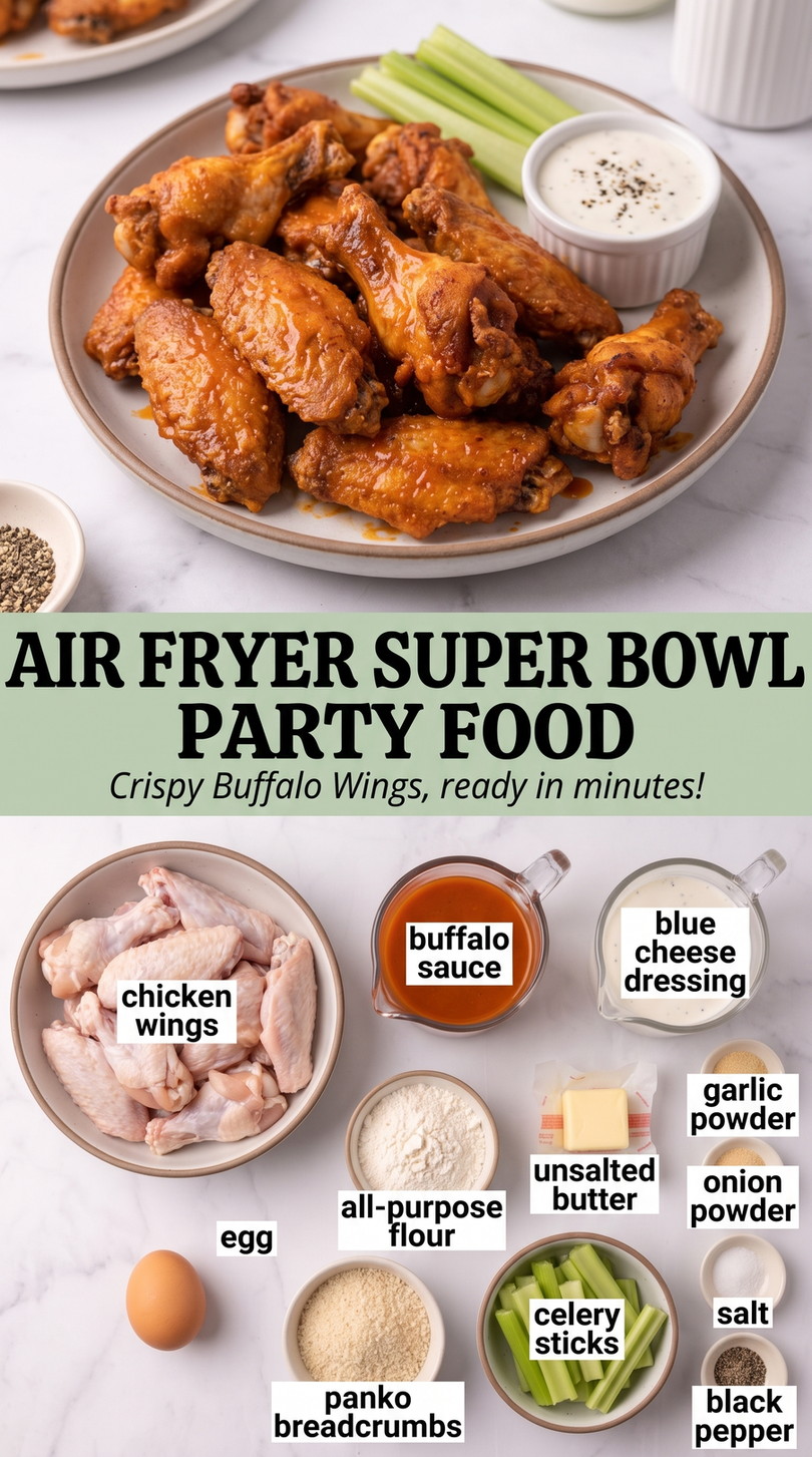 Air Fryer Super Bowl Party Food with air-fryer buffalo wings with a flour-panko crust, buttery hot sauce, celery, and blue cheese dressing