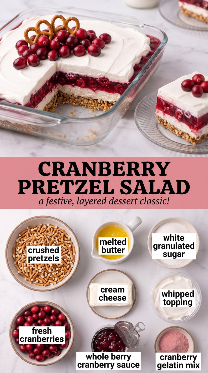 Cranberry Pretzel Salad showing layered cranberry pretzel salad with a crisp pretzel crust, creamy white center, and glossy fruit topping
