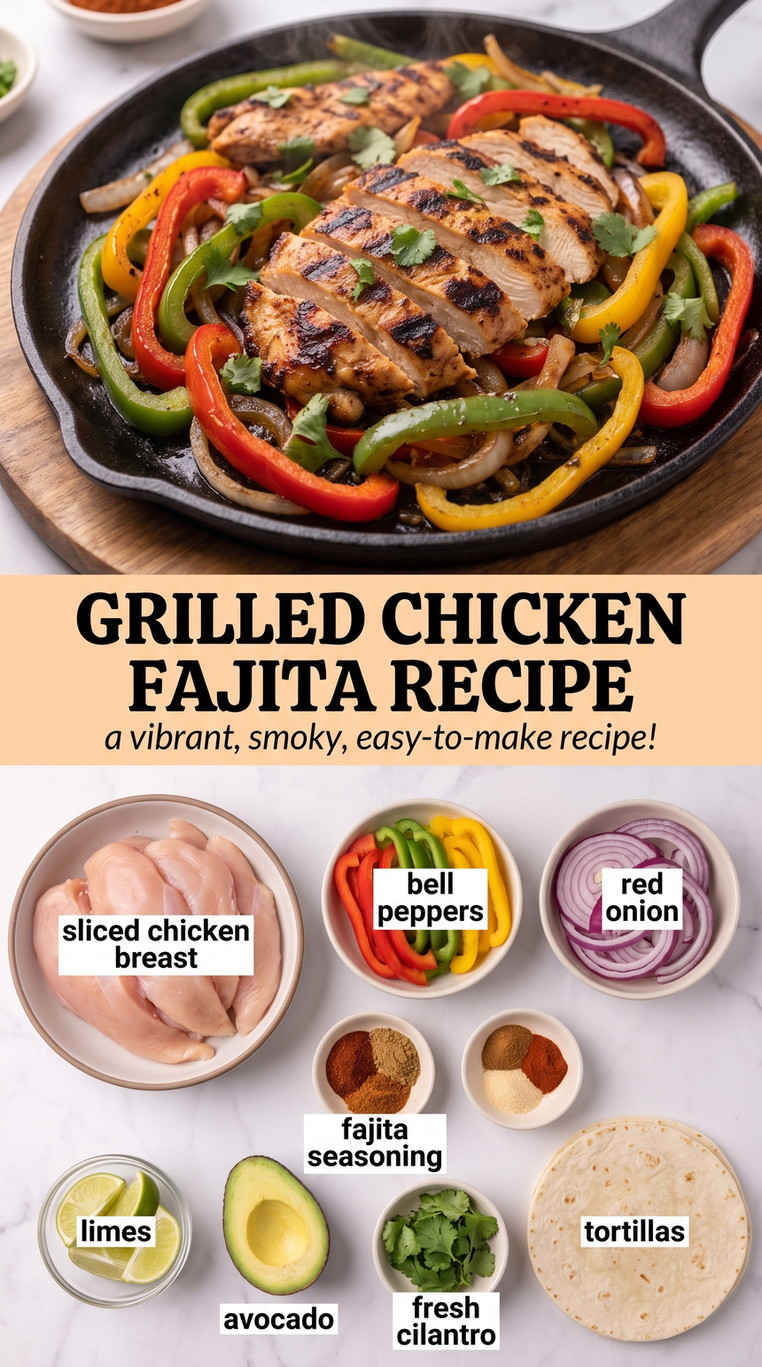 Grilled chicken fajita recipe showing seared fajita meat with colorful peppers and onions