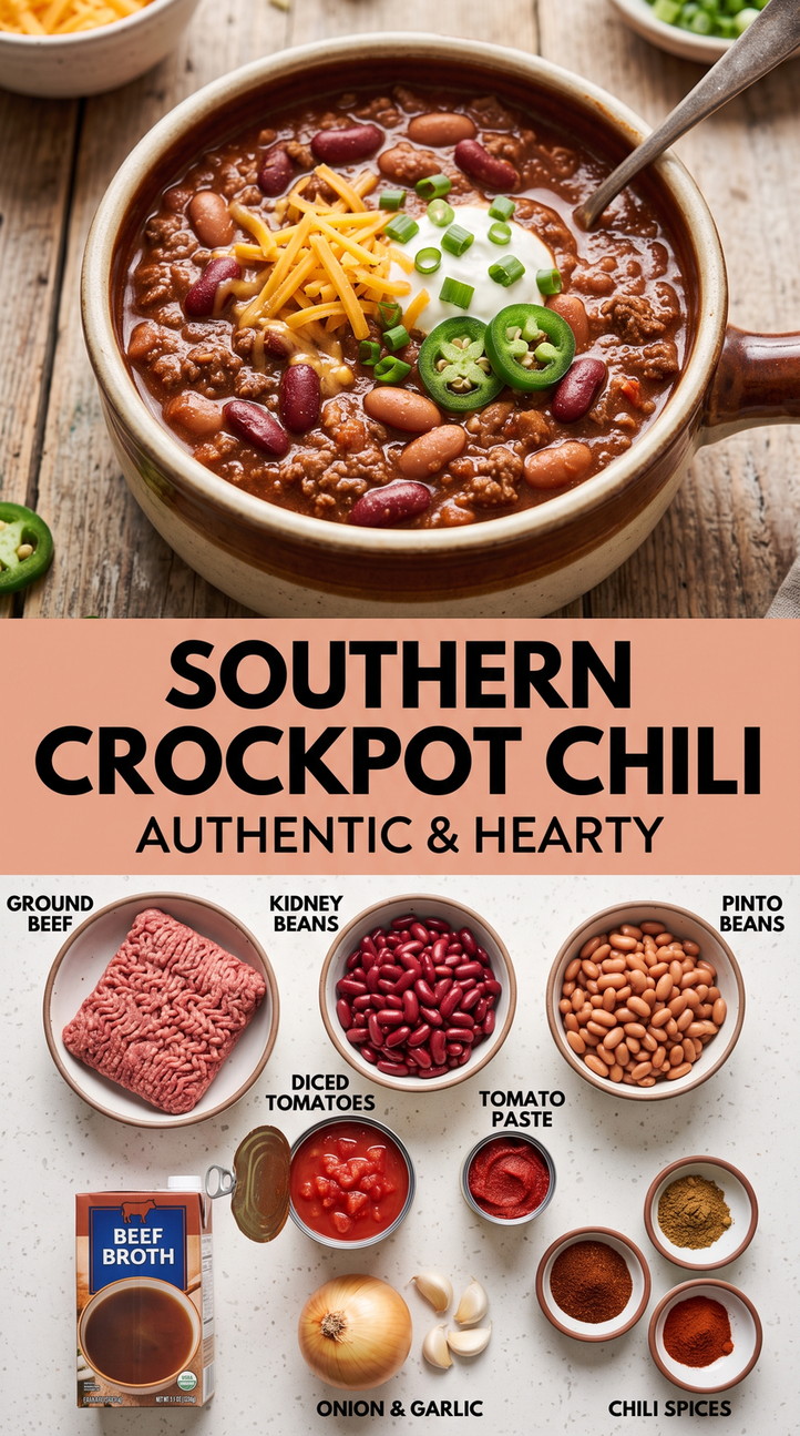 Southern Crockpot Chili Recipe with southern crockpot chili with beef, kidney beans, pinto beans, tomatoes, tomato paste, onion, garlic, and chili spices