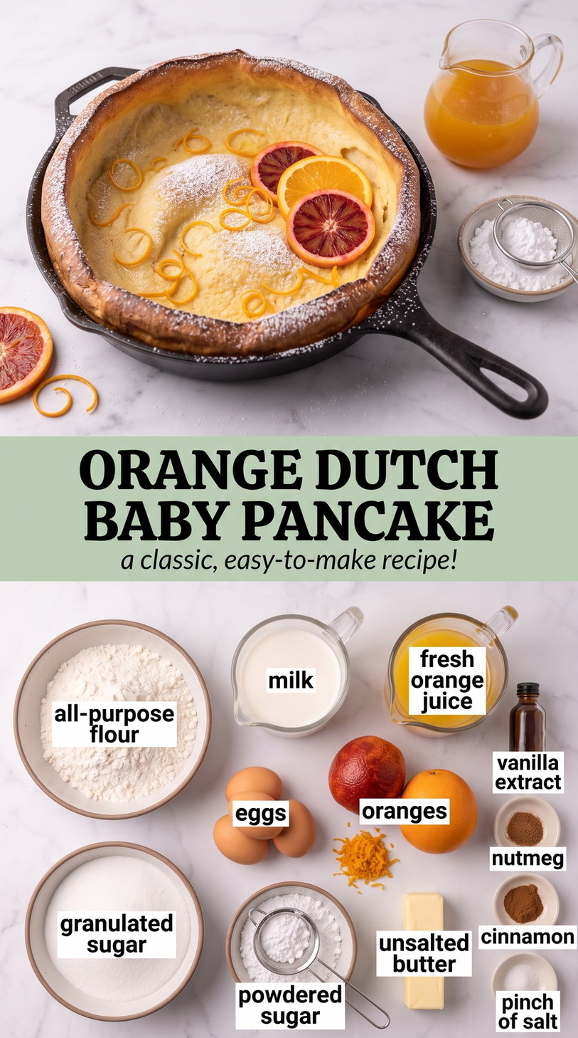 Orange Dutch Baby Pancake showing a bright orange Dutch baby with citrus slices, zest and powdered sugar
