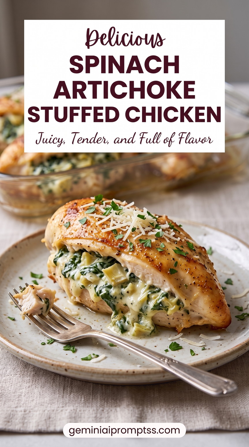 Spinach artichoke stuffed chicken showing golden chicken breasts filled with creamy spinach, artichoke, mozzarella, and Parmesan