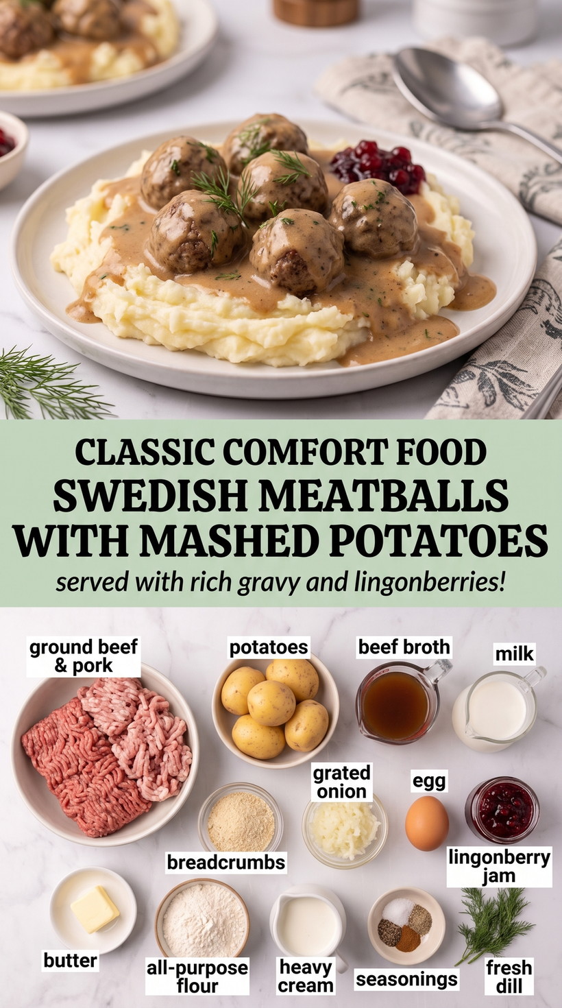 Swedish meatballs with mashed potatoes finished dish made with ground beef and pork, potatoes, and beef broth