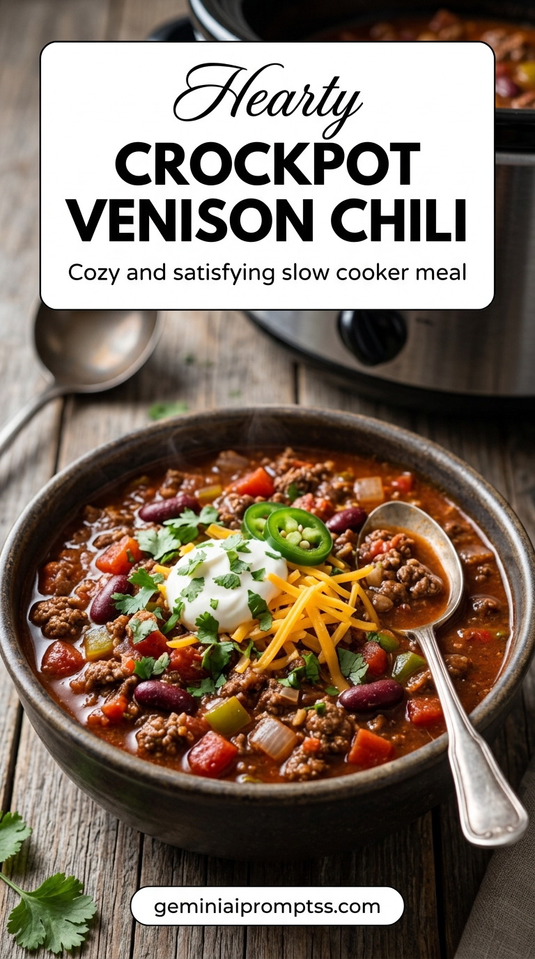 Crockpot Venison Chili Recipe showing crockpot venison chili with kidney and black beans, peppers, tomatoes, cheddar, sour cream, jalapeño, and cilantro