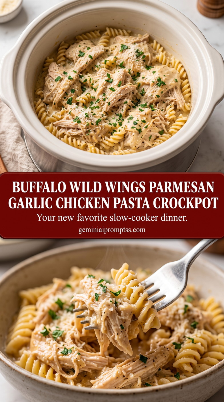 Crockpot Parmesan Garlic Chicken Pasta finished dish with creamy Parmesan garlic pasta with shredded chicken and green garnish