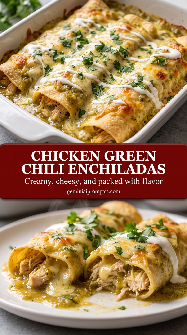 green chile chicken enchiladas with green chiles, chicken, green sauce, and melted Monterey Jack