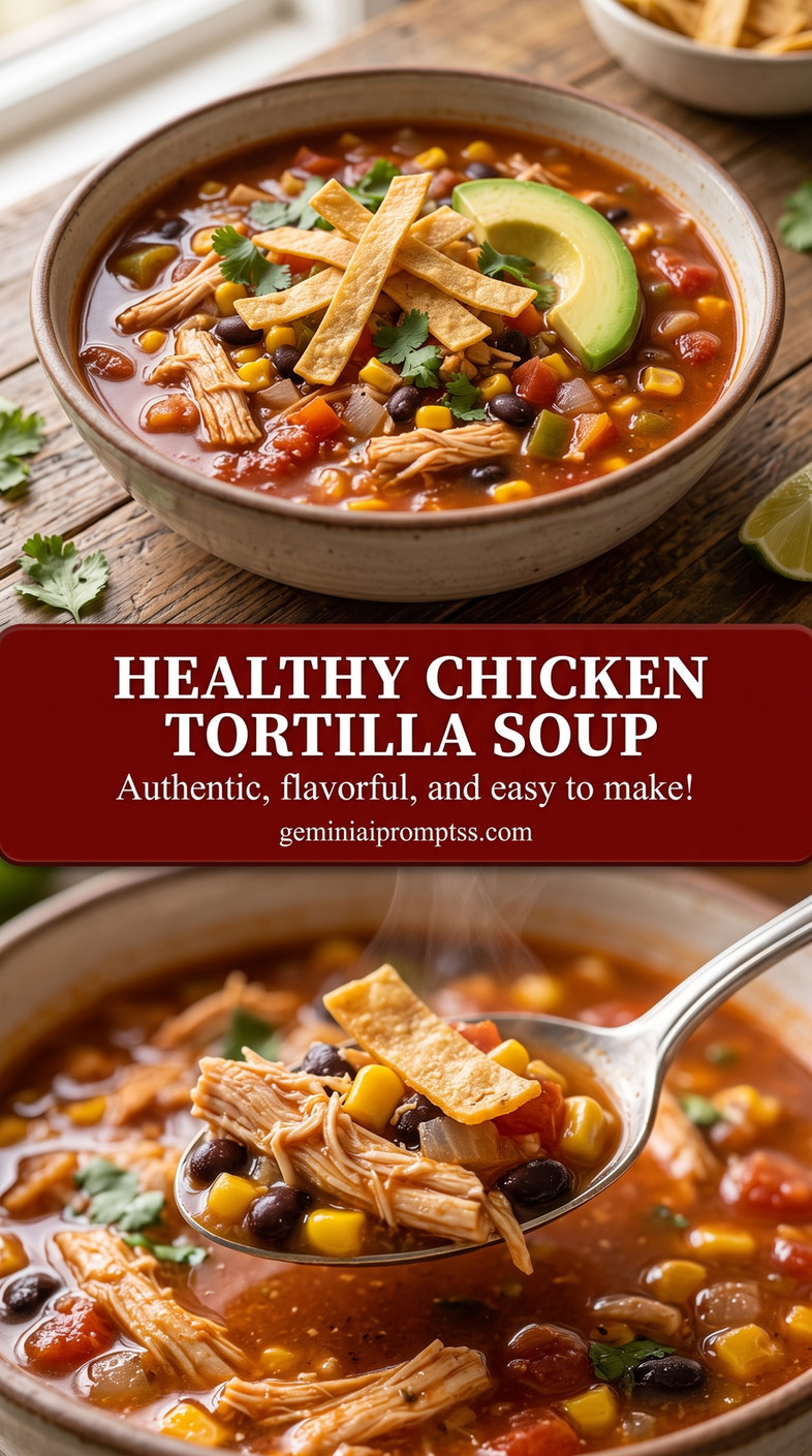 Healthy Chicken Tortilla Soup with red chicken tortilla soup with black beans, corn, crisp tortilla strips, avocado, and fresh green garnish