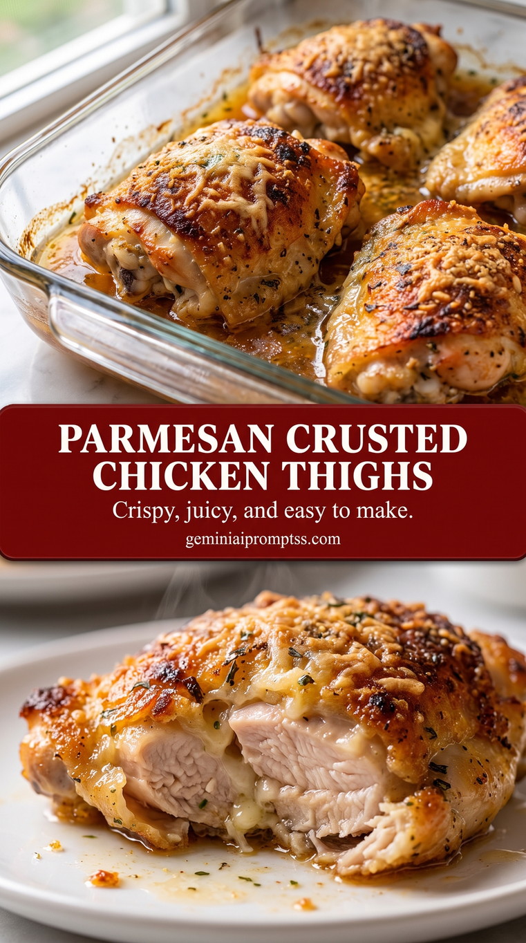 Parmesan crusted chicken thighs showing golden Parmesan-crusted chicken with a crisp browned coating